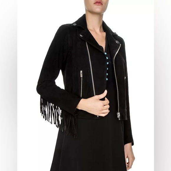The Kooples Jackets & Blazers - The Kooples Fringed Goat Leather Moto Jacket black suede
